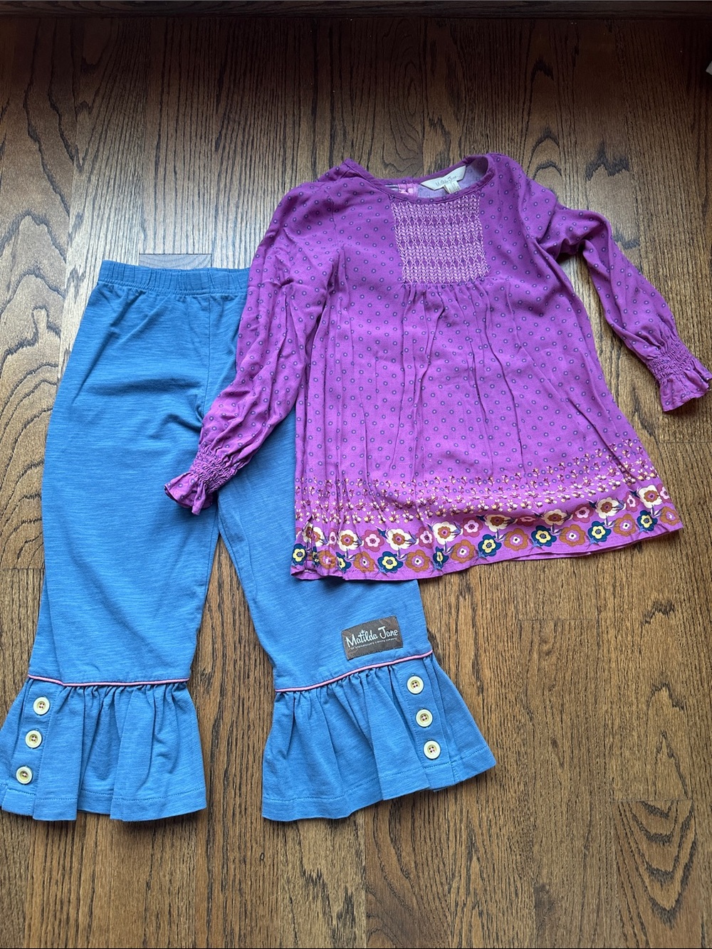Matilda Jane Pink Floral Smocked Long Sleeve Top with Blue Ruffle Pants